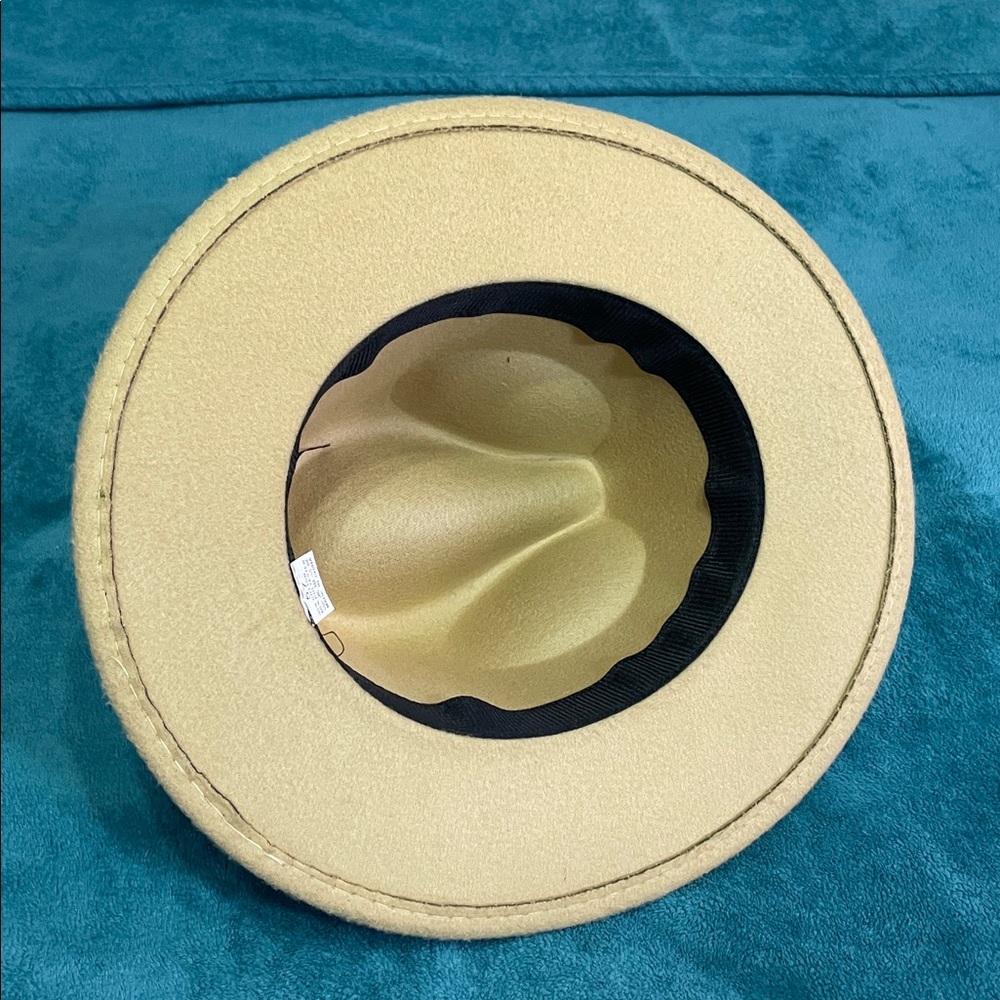 Tan Women's Felt Fedora Western Cowboy Hat Cream Belt Feather Accent - Picture 6 of 7